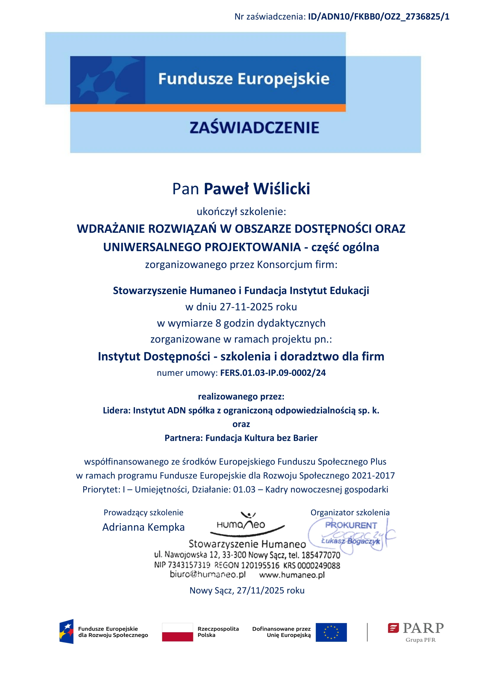 Zaświadczenie Instytut Dostępności