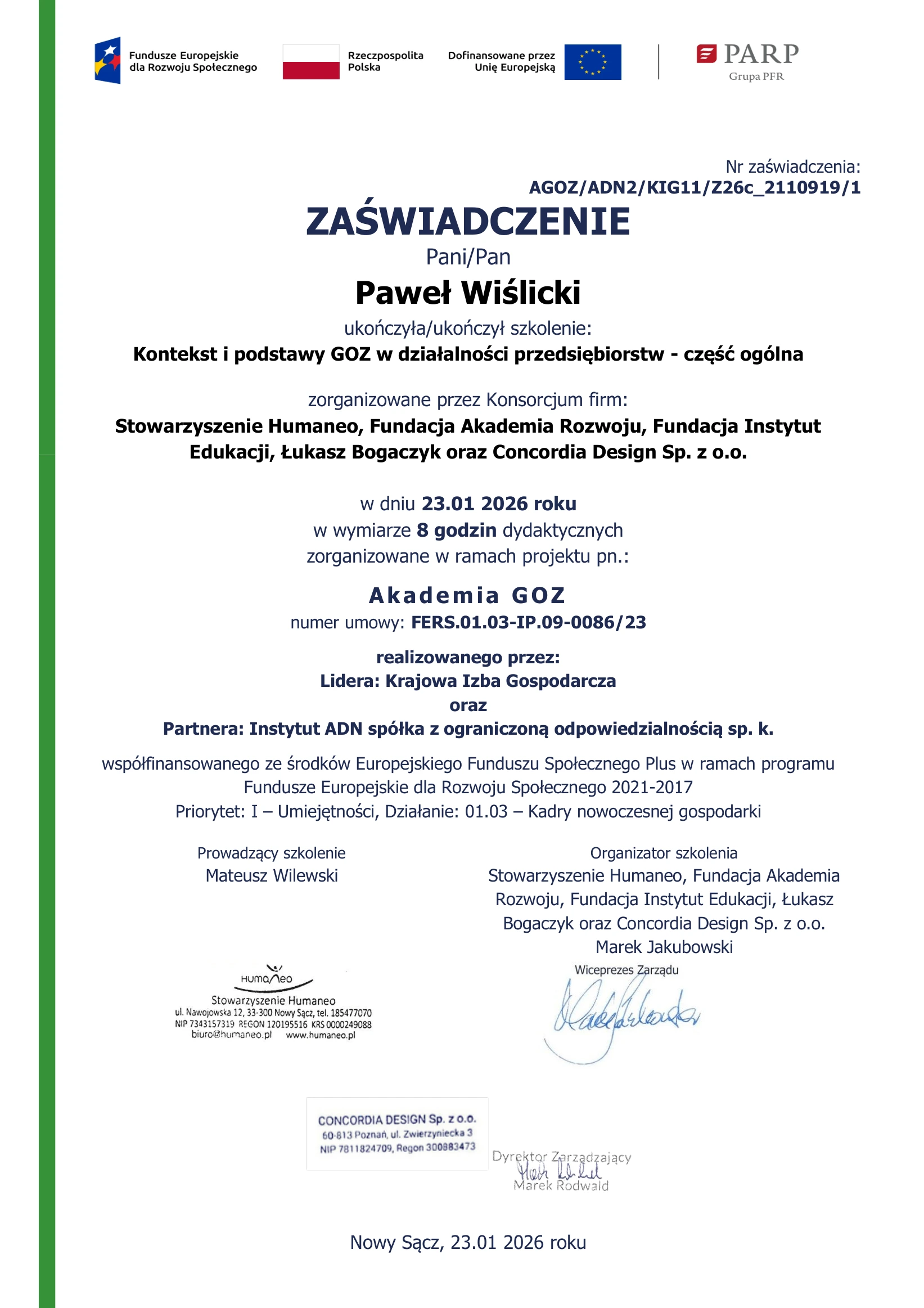 Zaświadczenie Akademia GOZ