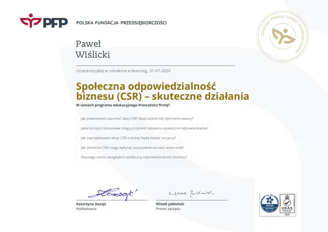 Certyfikat: Społeczna odpowiedzialność biznesu (CSR): skuteczne działania