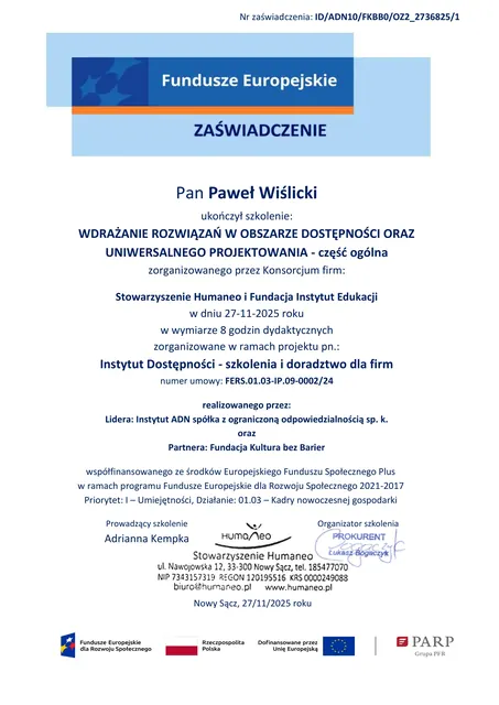 Certyfikat: Wdrażanie rozwiązań w obszarze dostępności oraz uniwersalnego projektowania, część ogólna