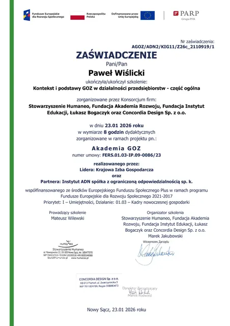 Certyfikat: Kontekst i podstawy gospodarki o obiegu zamkniętym (GOZ) w działalności przedsiębiorstw, część ogólna